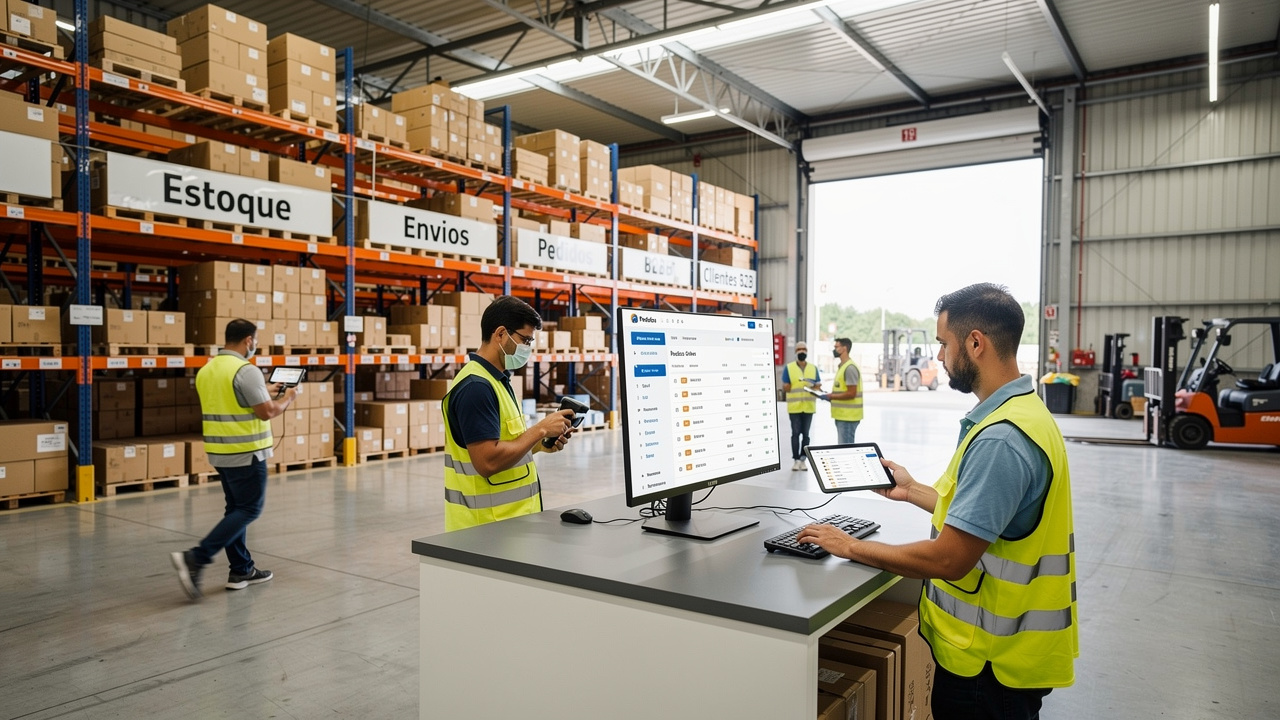 Trabalhadores em galpão industrial brasileiro usando tablets para gerenciar pedidos online B2B