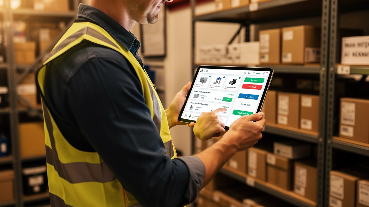 Trabalhador de e-commerce usando tablet com interface de automação inteligente em armazém pequeno