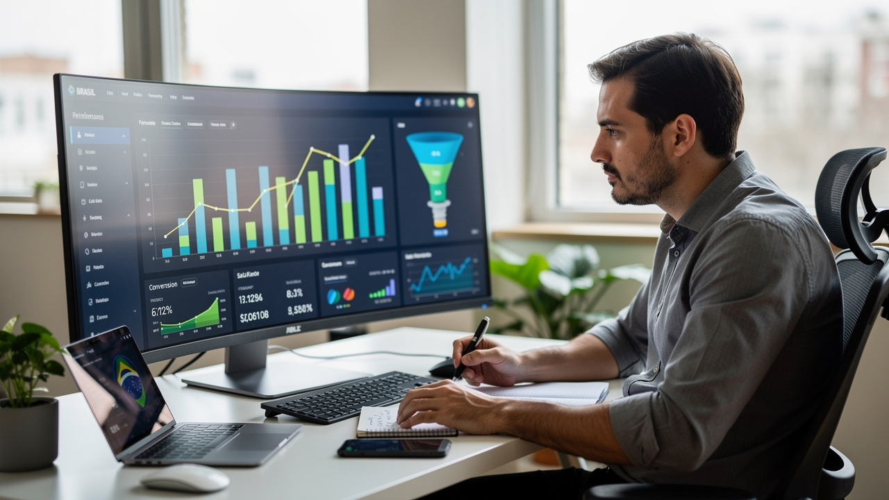 Gerenciador de e-commerce analisando dados de produtos em painel moderno com gráficos e métricas em tempo real
