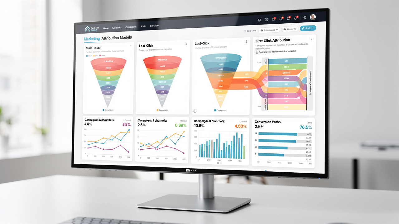 Dashboard de atribuição de marketing com múltiplos canais e funis sobrepostos na tela
