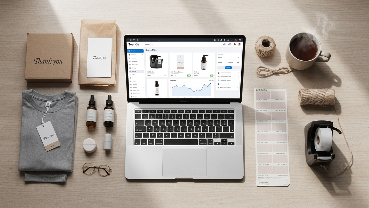 Mesa de trabalho com notebook exibindo a gestão de uma loja online e amostras de produtos.