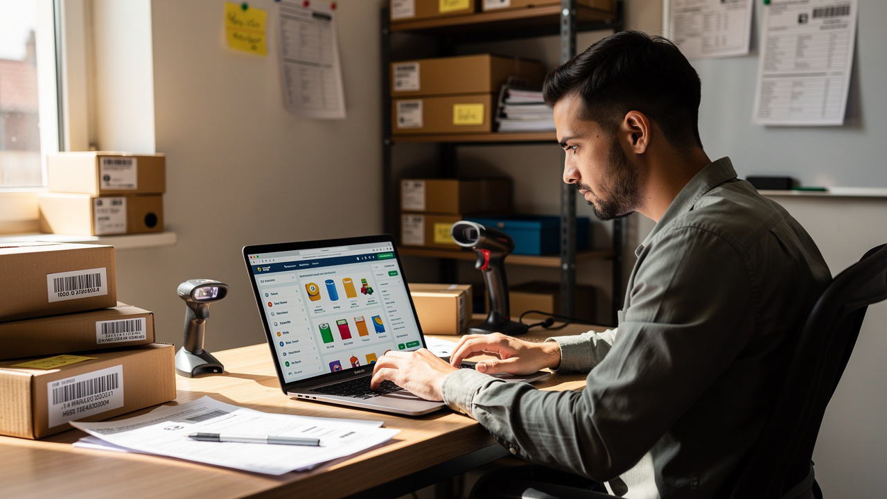Empreendedor brasileiro analisando dados de produtos em escritório de e-commerce com luz natural