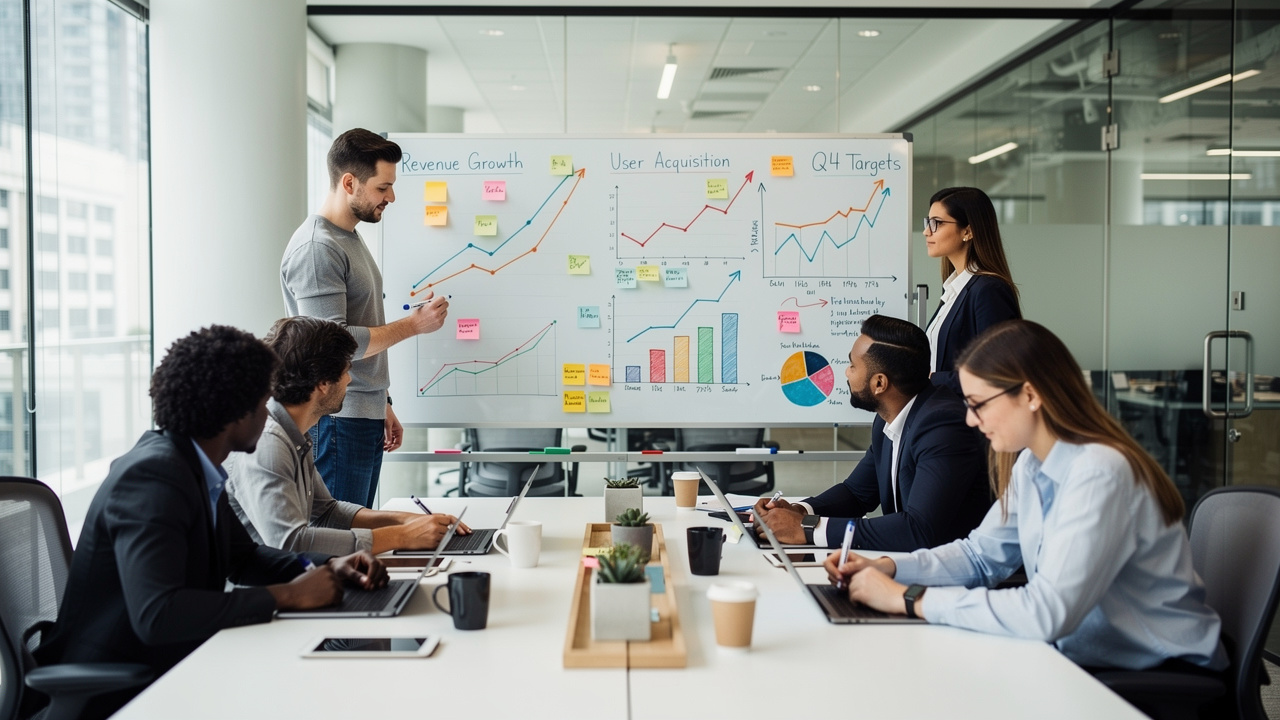 Equipe de profissionais de marketing analisando gráficos de crescimento em um quadro branco de um escritório moderno