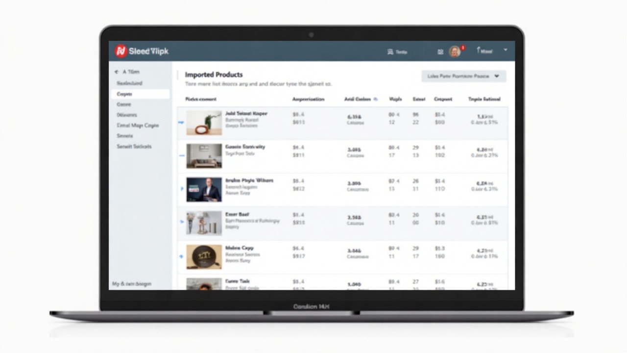 Painel de e-commerce em um notebook exibindo uma lista de produtos importados com imagens e estoque