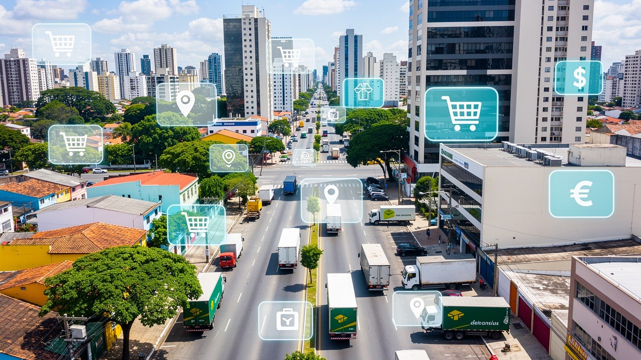 Vista aérea de cidade brasileira movimentada com caminhões de entrega e ícones de comércio digital