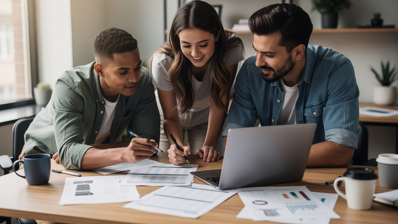 Equipe de e-commerce revisando catálogo de produtos e planilha de preços juntos