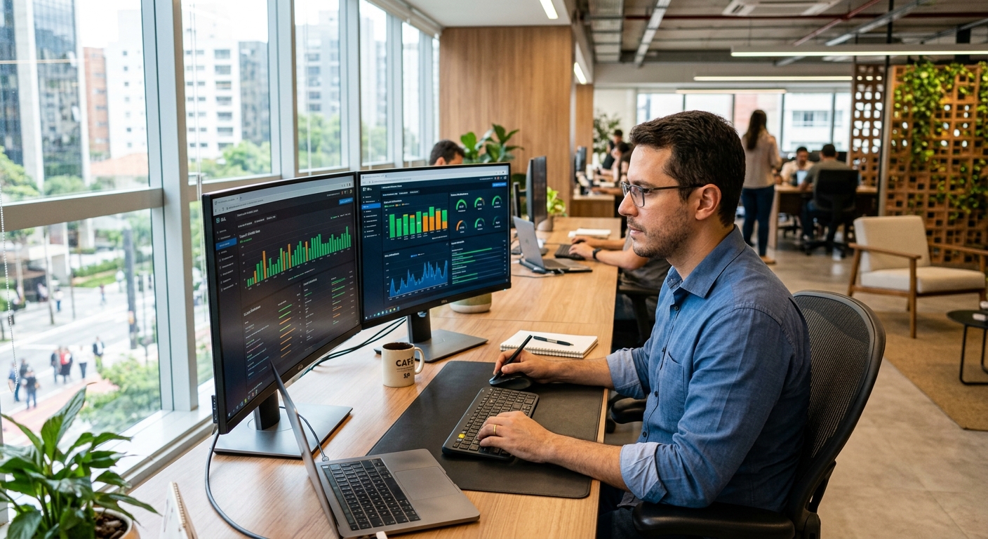 Gestor analisando painéis de automação em escritório moderno com luz natural