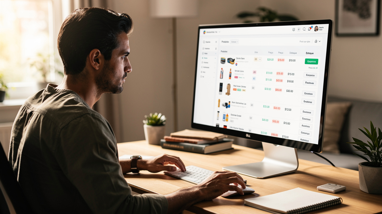 Empreendedor organizando listagens de produtos no computador em home office