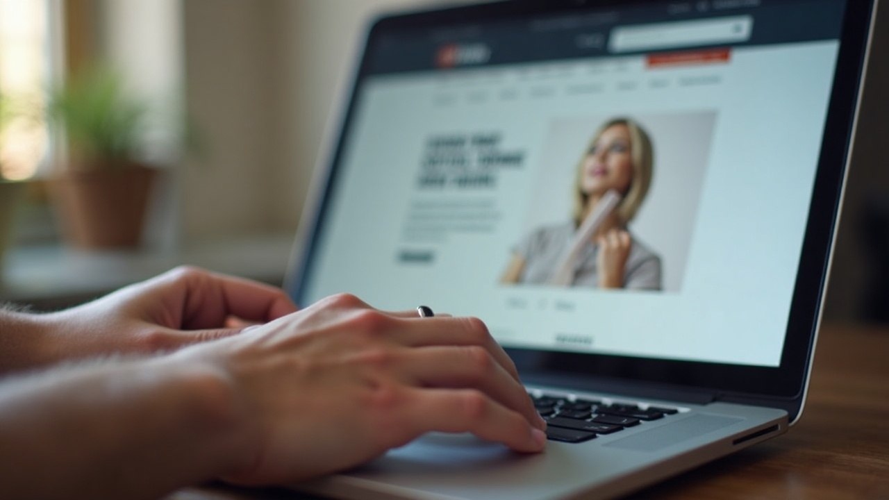 Pessoa digitando a descrição de um produto em um notebook com um site de e-commerce aberto