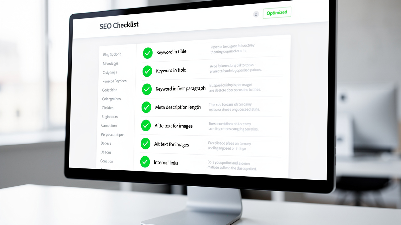 Tela de computador exibindo um checklist de SEO automatizado para um post de blog com itens verificados em verde.