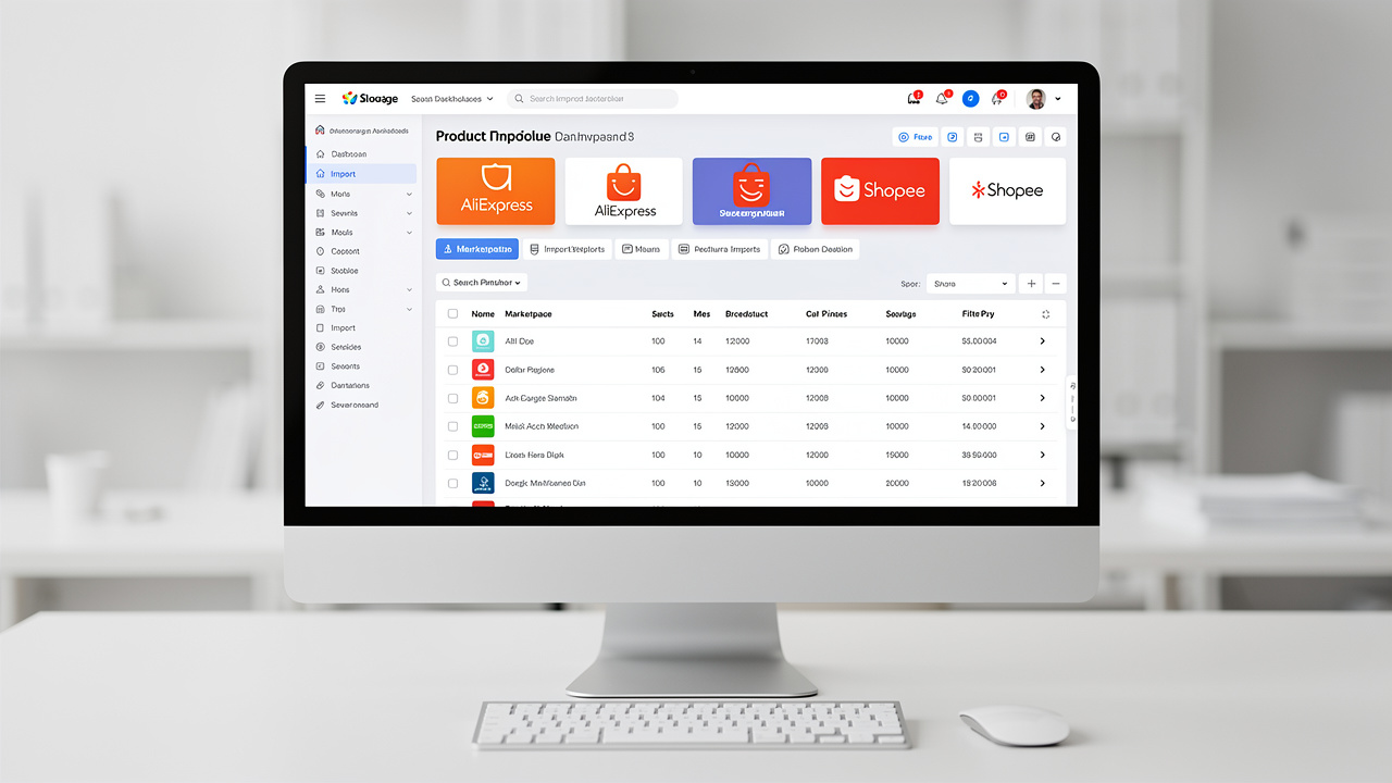 Painel de importação de produtos com logos de marketplaces visíveis em tela de computador
