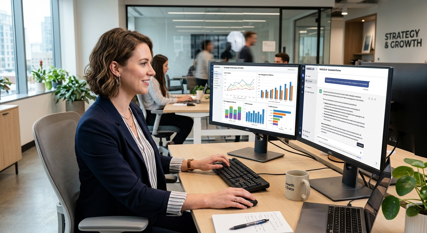 Consultor de marketing analisando gráficos em um computador com interface de chat de IA aberta em seu escritório