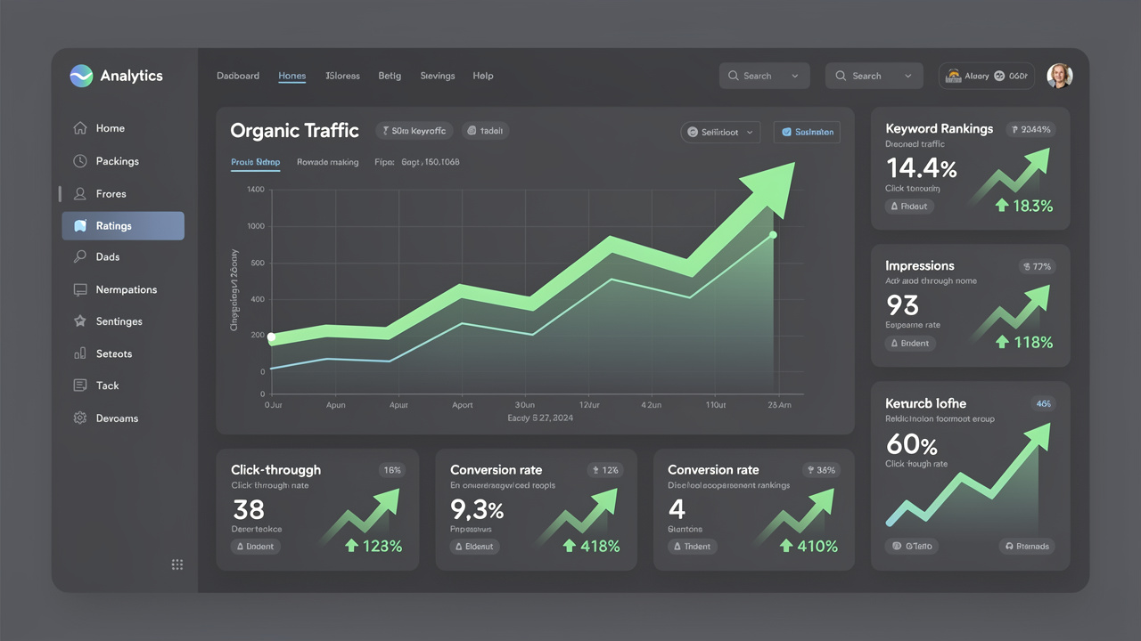 Painel digital exibindo gráficos de crescimento de tráfego e métricas de SEO com setas verdes para cima.