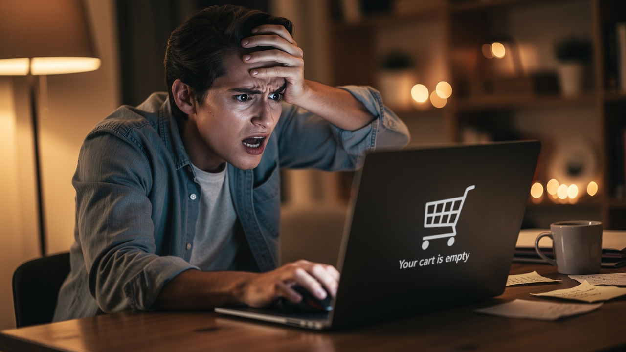 Comprador frustrado olhando tela de notebook com carrinho vazio em ambiente doméstico