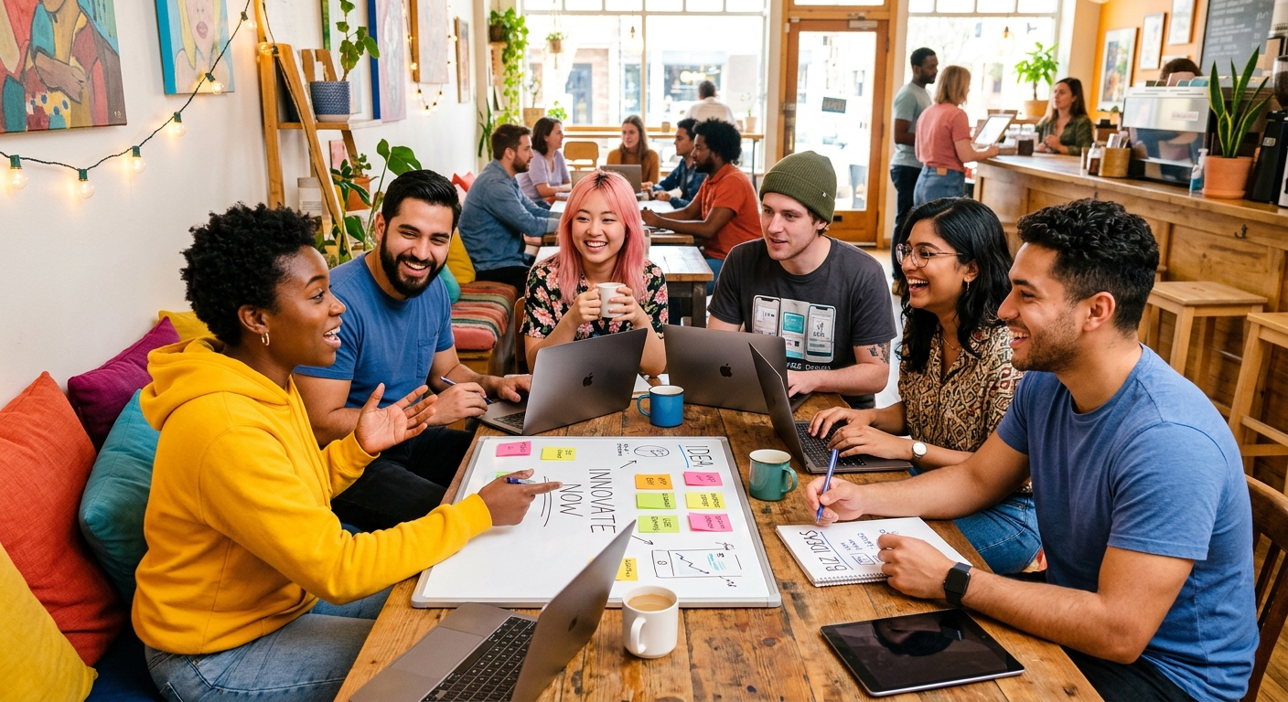 Grupo de jovens discutindo ideias de negócios em um ambiente descontraído