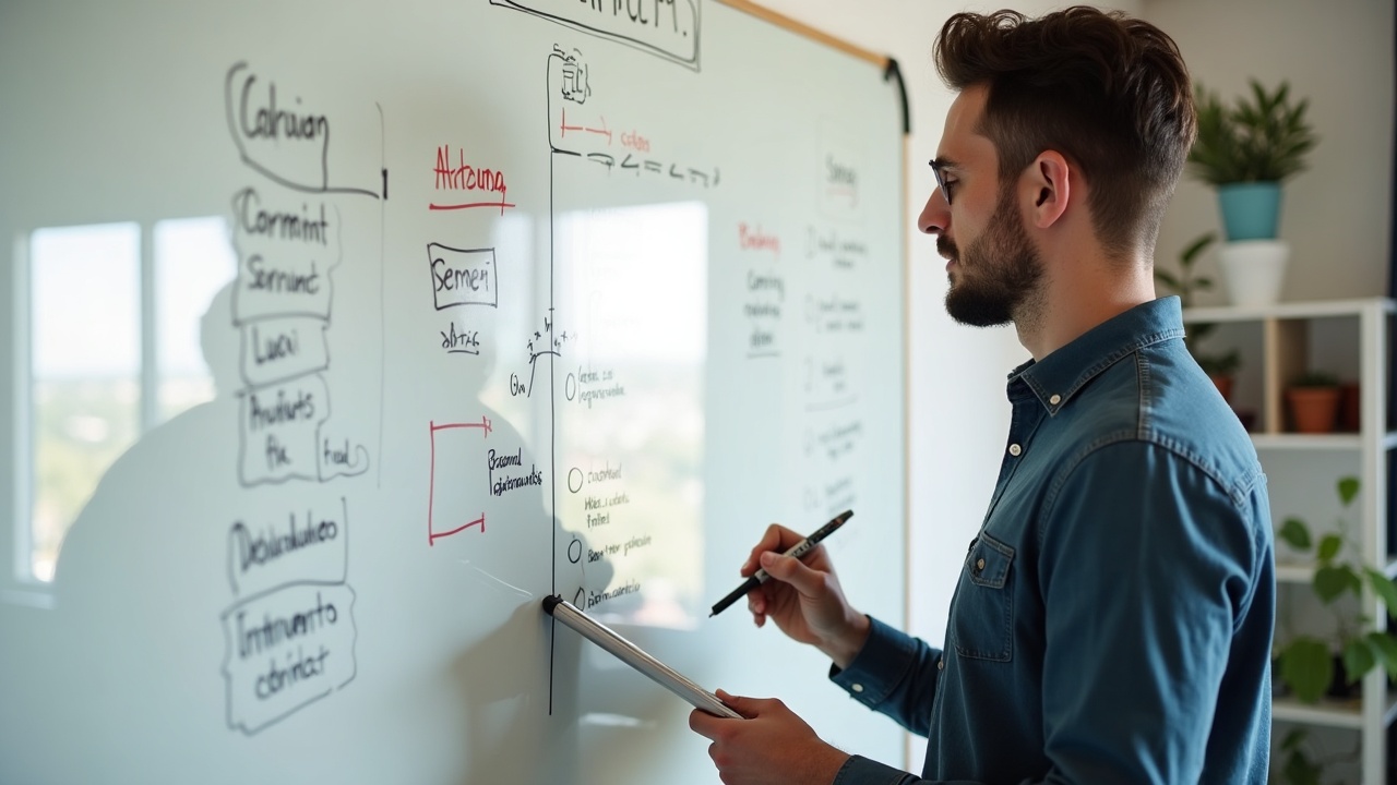 Empreendedora brasileira planejando sua estratégia de conteúdo digital em um quadro branco de seu escritório