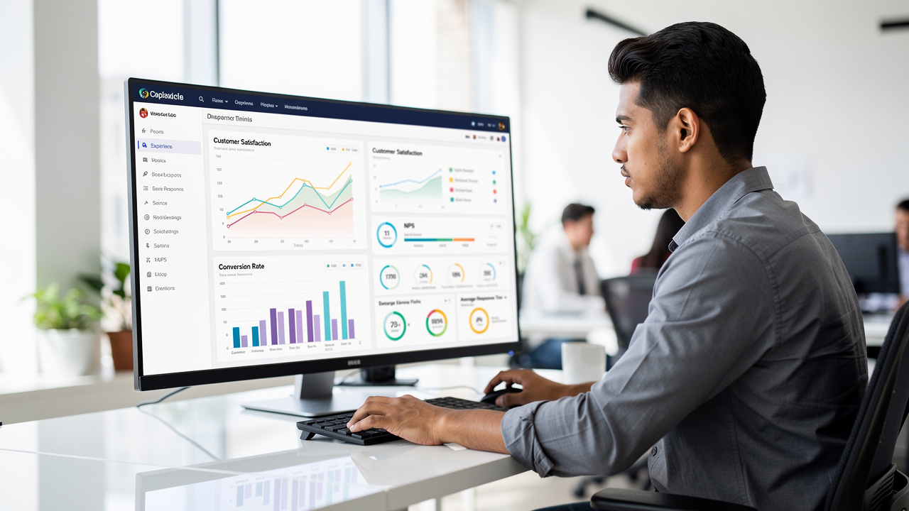 Gestor de e-commerce analisando métricas de experiência do cliente em escritório moderno