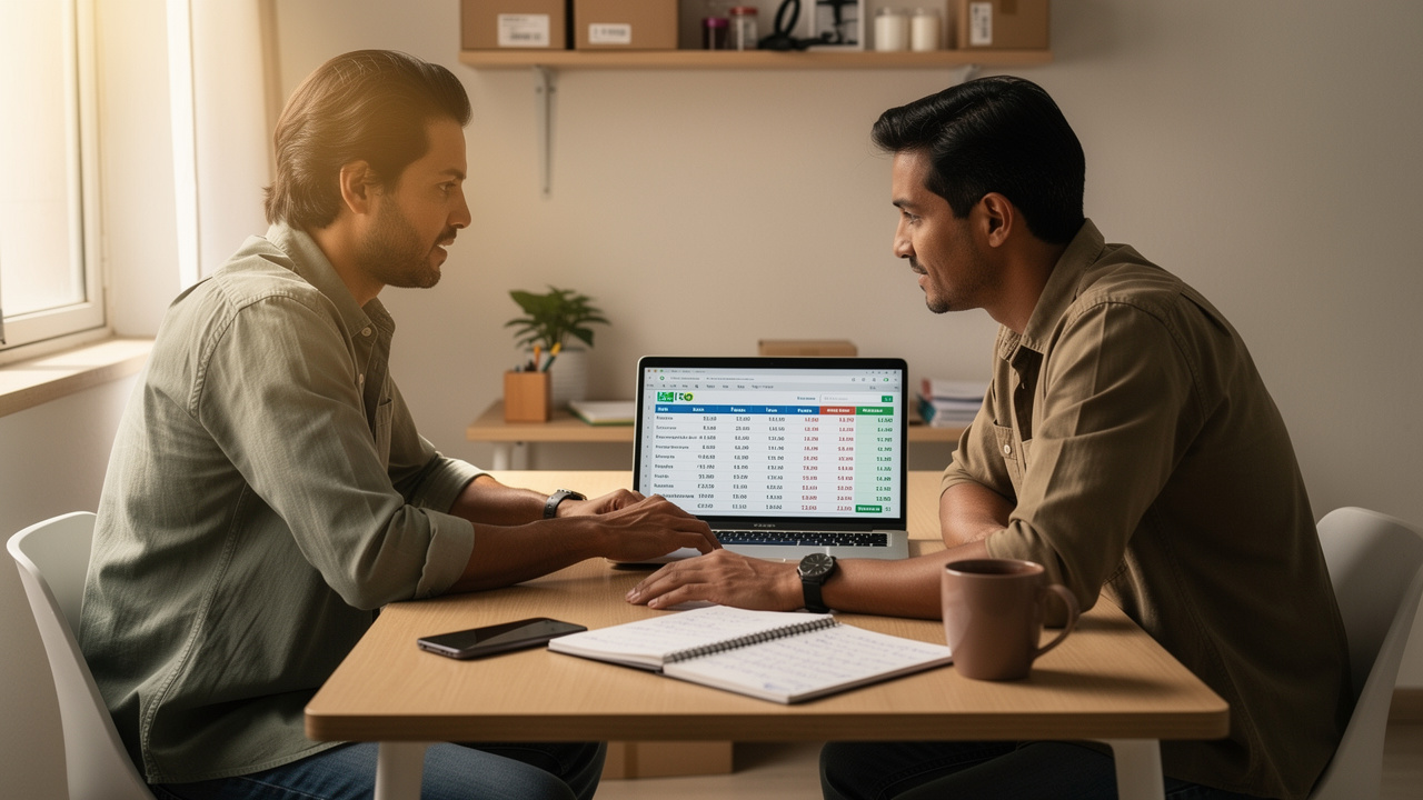 Empreendedor analisando planilha de precificação em home office com luz natural