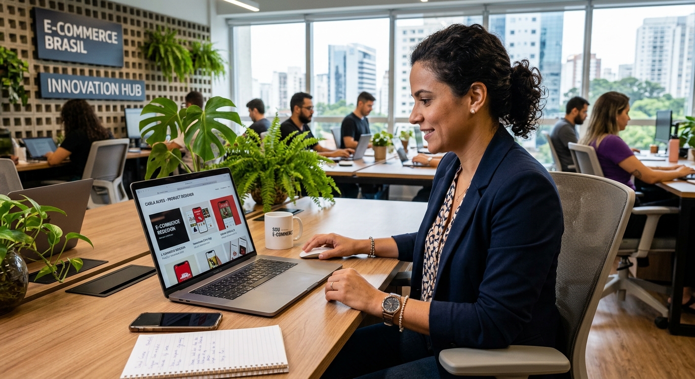 Gestora de e-commerce analisando o portfólio online de um designer em seu notebook em um escritório moderno.
