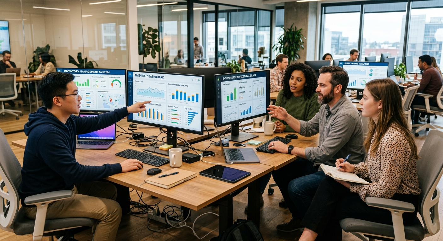 Equipe de startup monitorando múltiplos marketplaces e estoques em tempo real