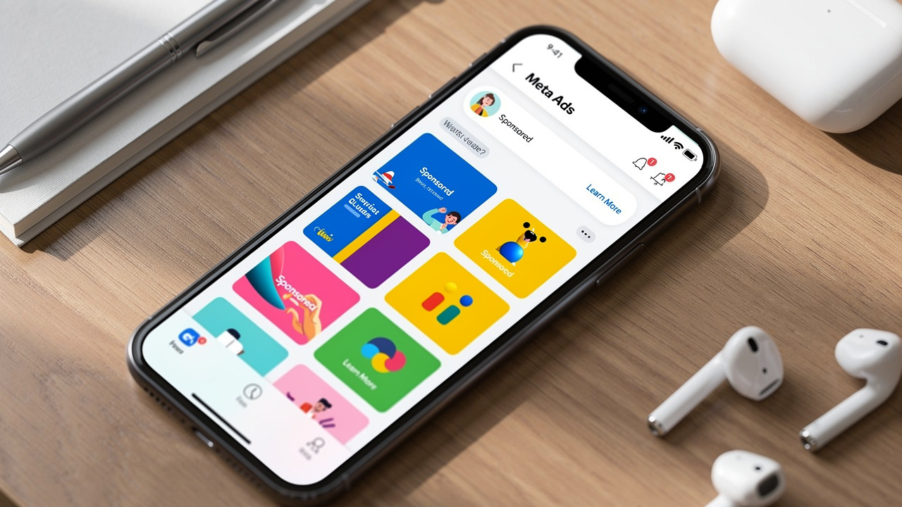 Tela de smartphone exibindo formatos de criativos de anúncios no Meta Ads sobre mesa