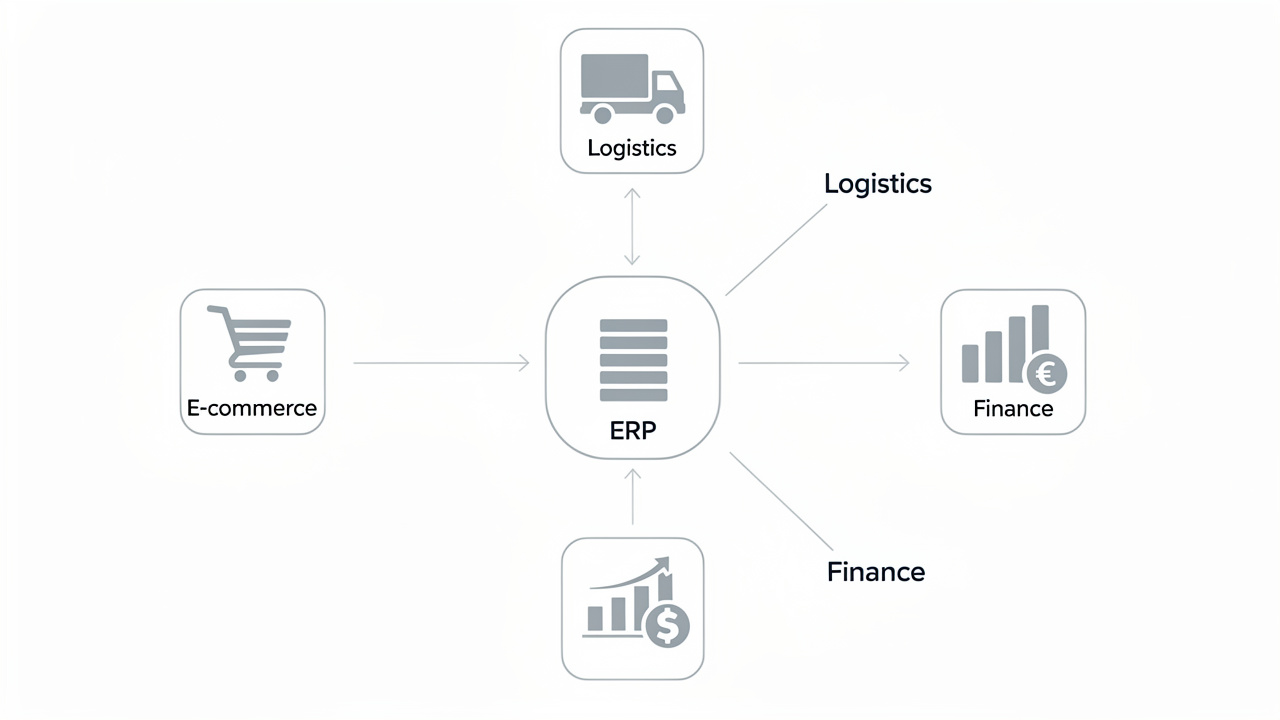 Diagrama mostrando a integração de um sistema ERP com ícones de e-commerce e logística.