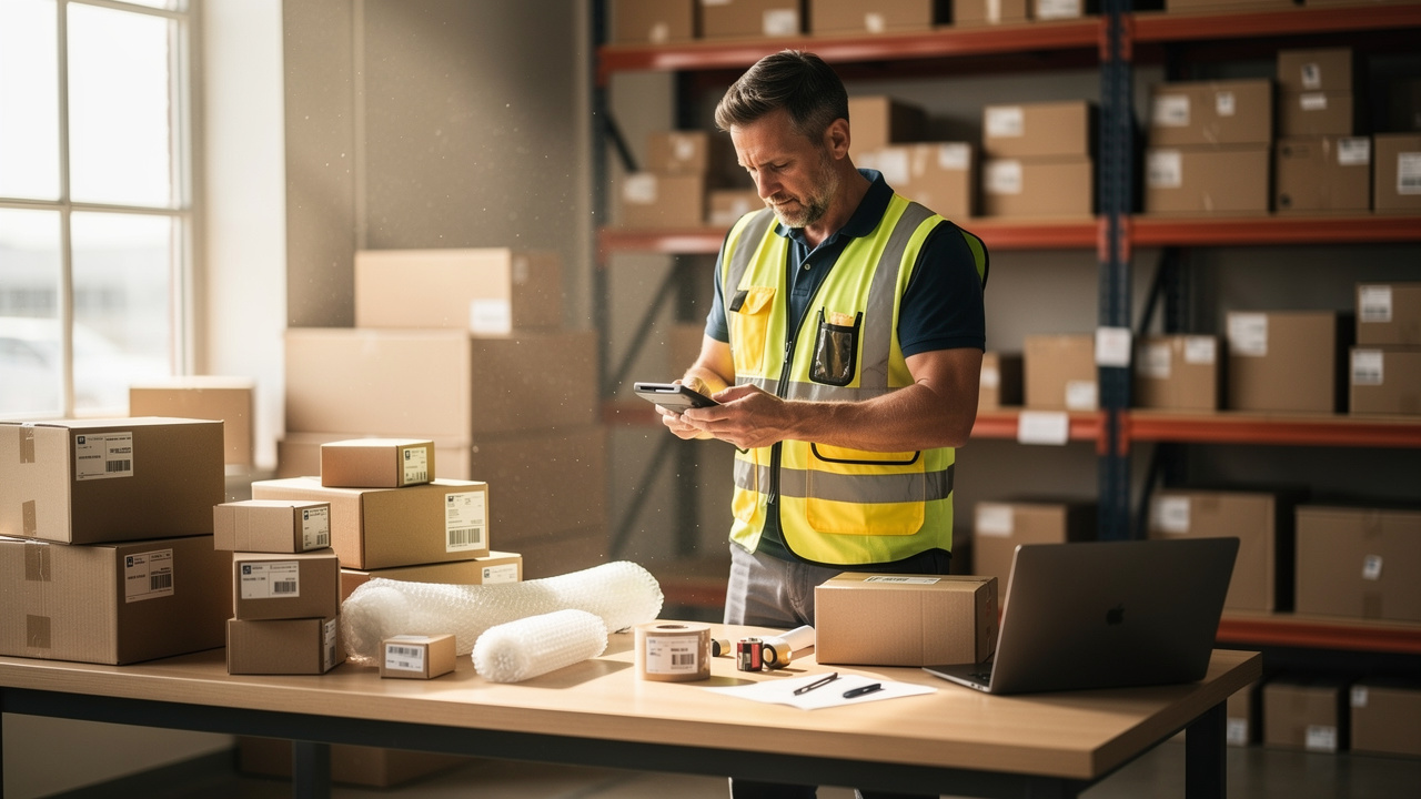 Trabalhador de e-commerce calculando custos de frete ao lado de caixas empilhadas