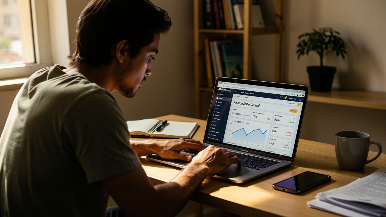 Vendedor brasileiro analisando painel do Amazon Seller Central em escritório doméstico
