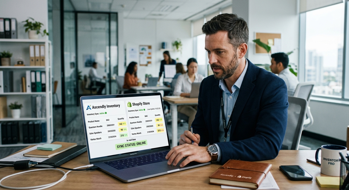 Empreendedor monitorando sincronização automática de estoque entre plataforma e loja Shopify em tempo real