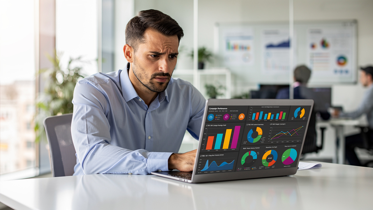 Gestora de marketing analisando gráficos de desempenho com expressão de dúvida em escritório moderno