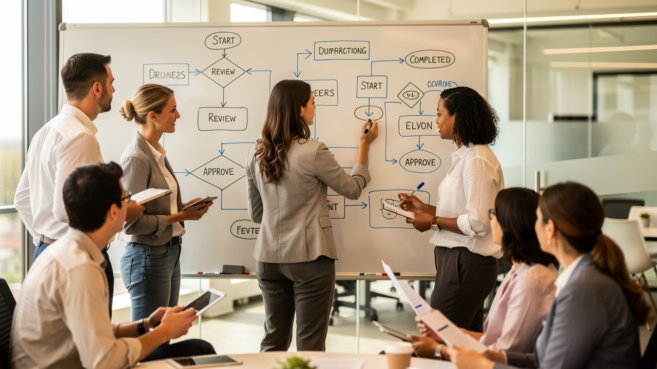 Equipe mapeando fluxo de processos empresariais em quadro branco em ambiente colaborativo