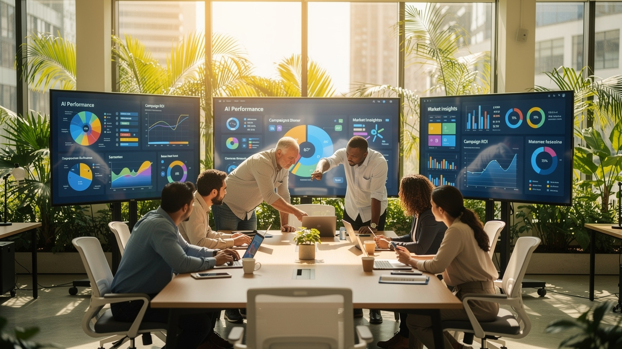 Equipe de marketing analisando relatórios gerados por inteligência artificial em escritório moderno