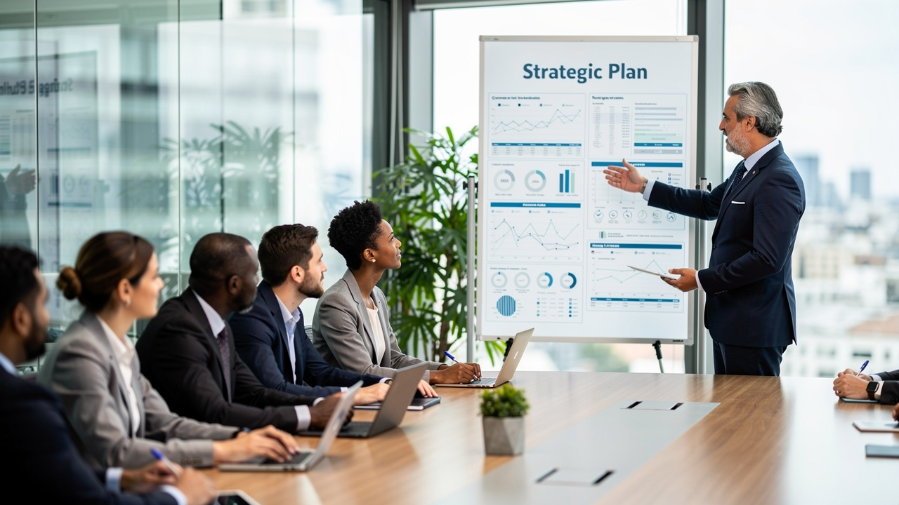 Líder empresarial apresentando planejamento estratégico para equipe em sala moderna