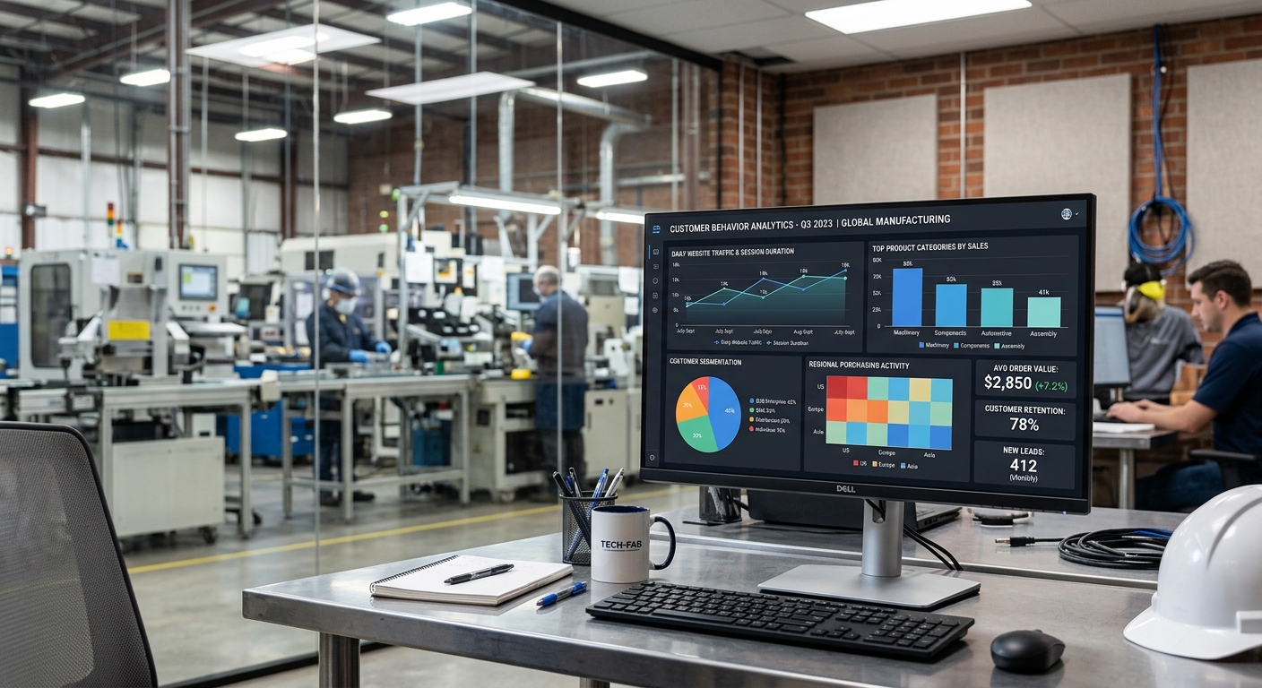 Painel de análise de dados em um computador no escritório de uma fábrica com gráficos de clientes