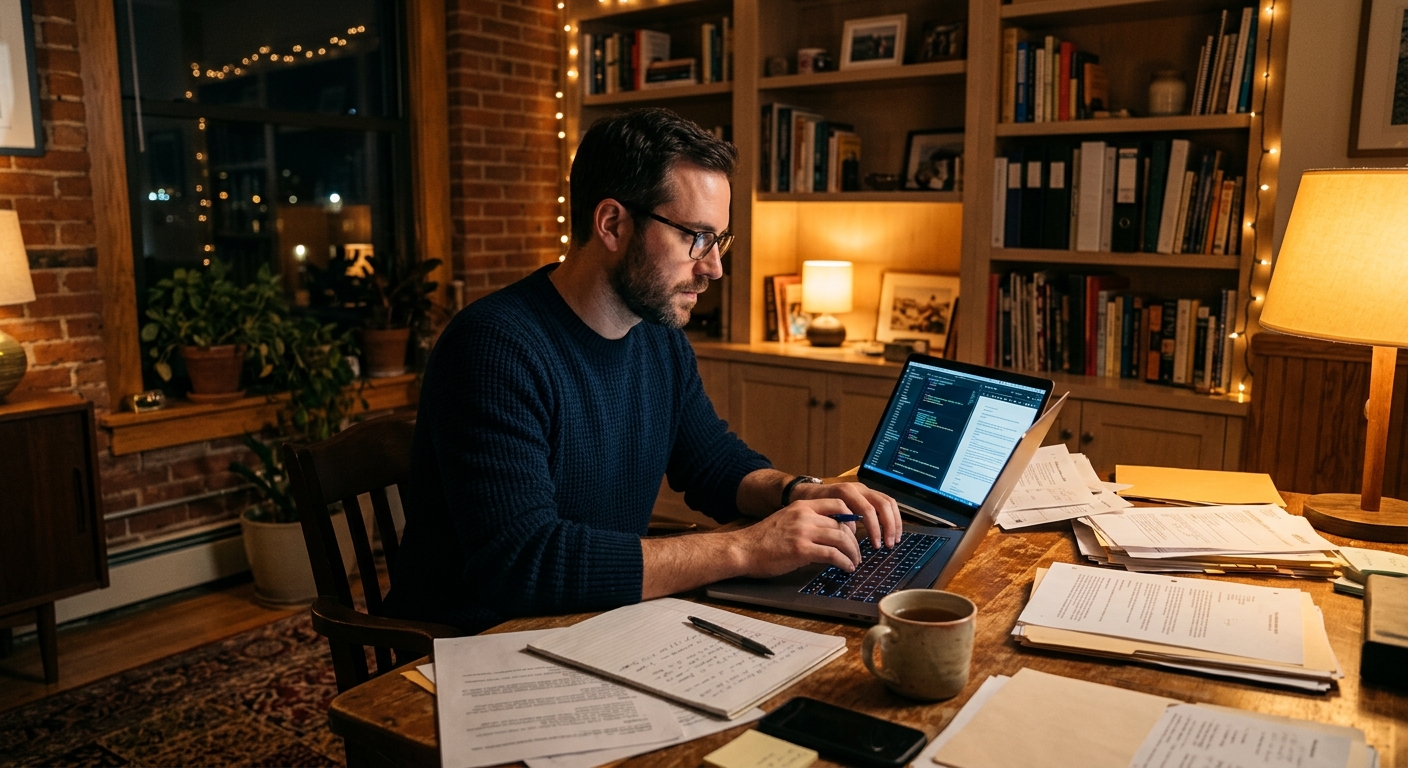 Homem trabalhando com laptop à noite em escritório acolhedor com documentos.