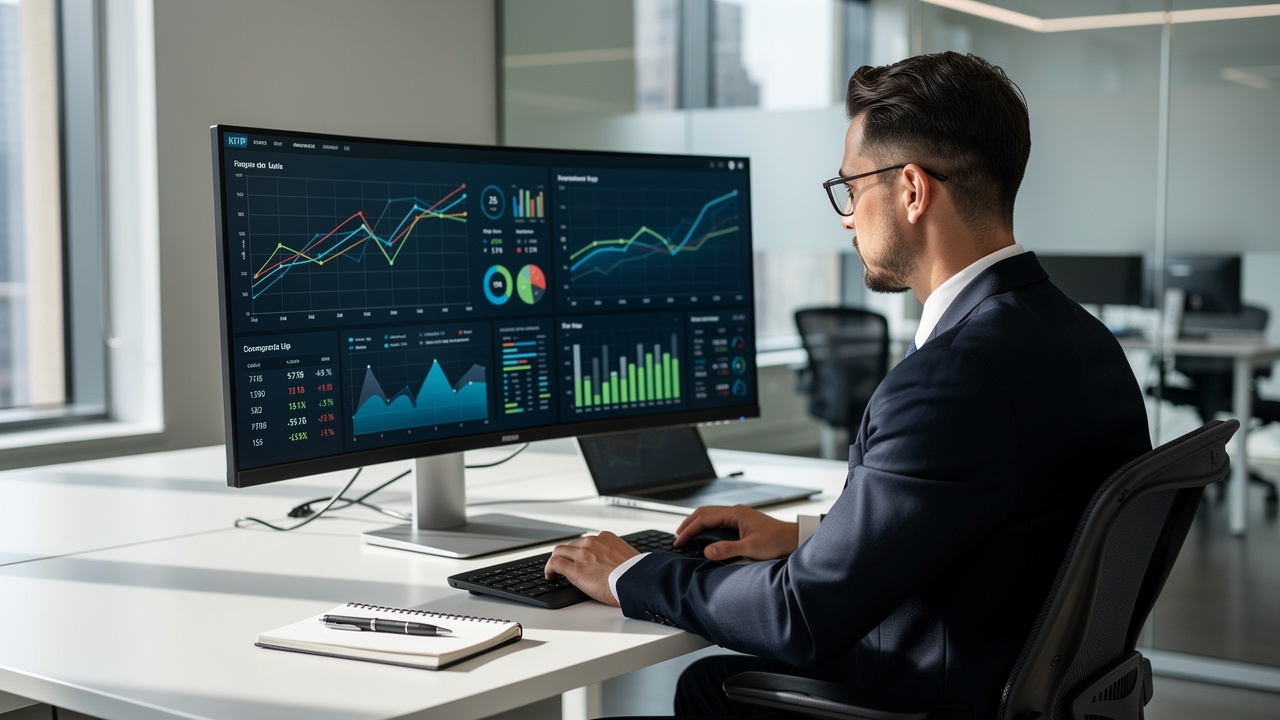 Gestor analisando gráficos estratégicos e KPIs em monitor moderno com luz natural