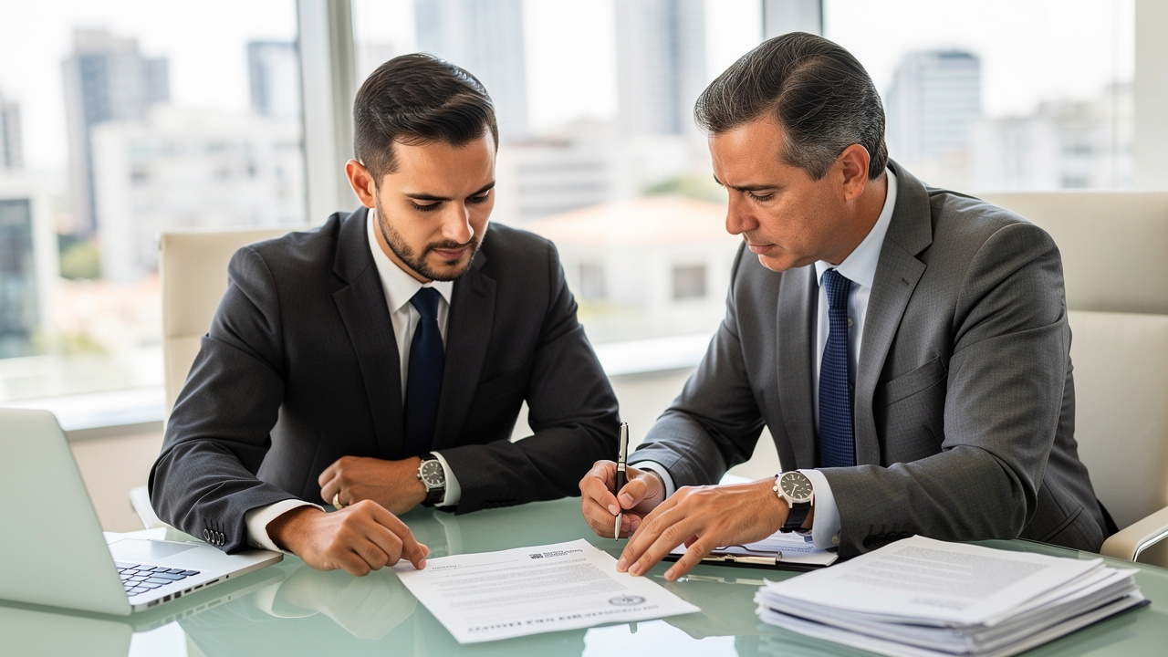 Empreendedor brasileiro revisando acordo societário com advogado em escritório iluminado
