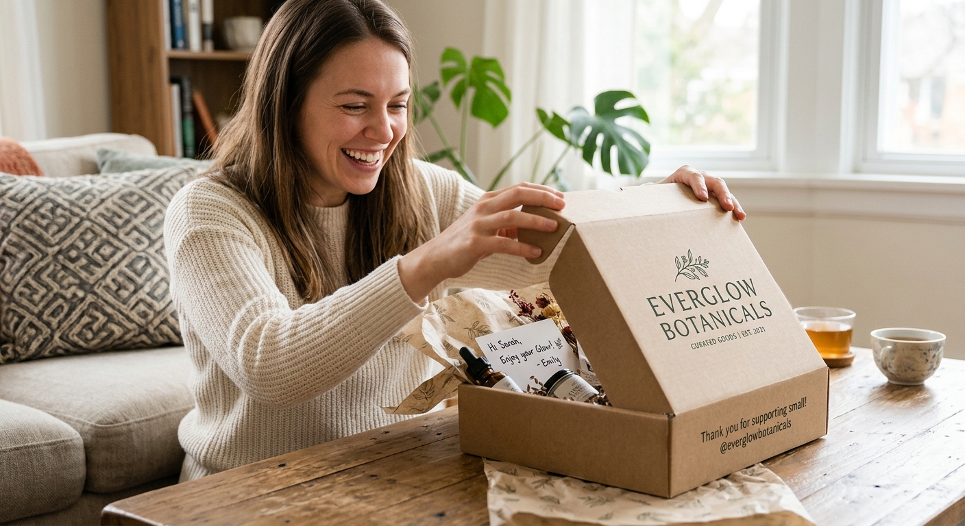 Cliente satisfeito abrindo uma caixa de um e-commerce com embalagem de marca profissional e bem cuidada