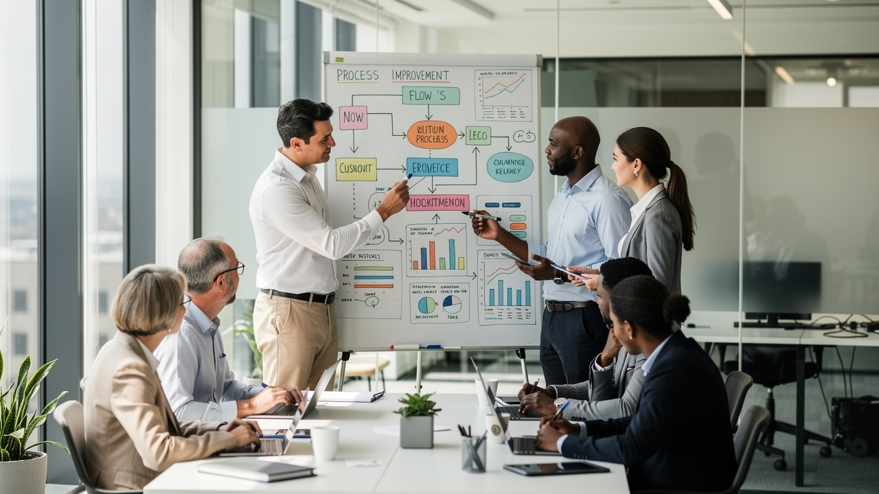 Equipe de gestão analisando gráficos de melhoria de processos em quadro branco