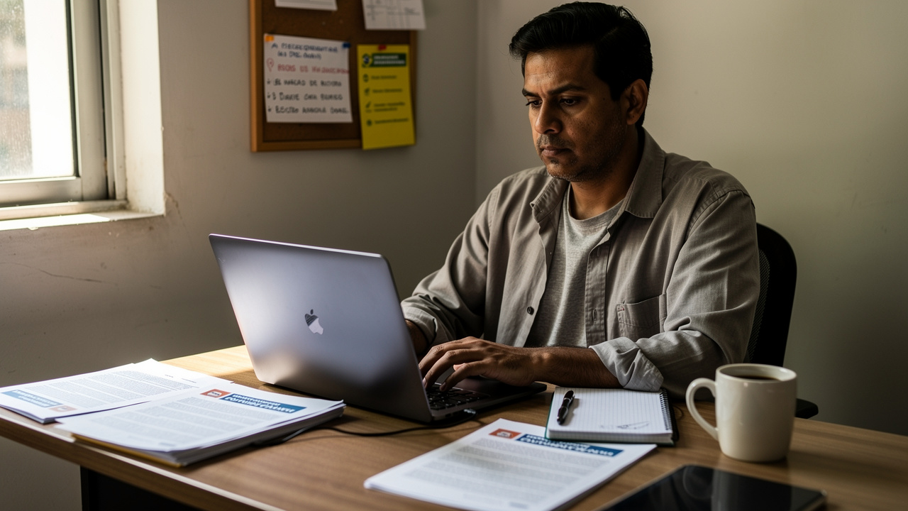 Vendedor brasileiro analisando documentos de política de marketplace em notebook no escritório