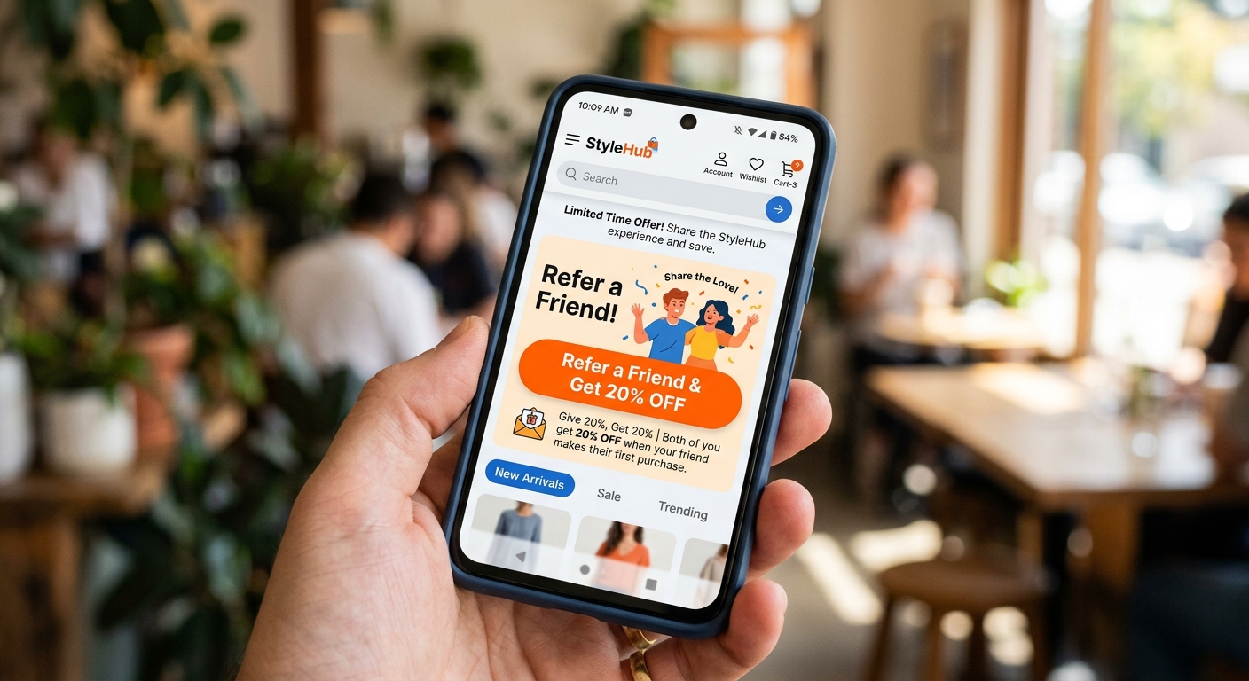 Tela de celular mostrando um aplicativo de e-commerce com um botão de programa de indicação.