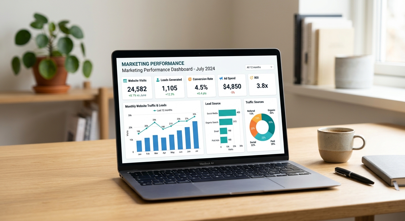 Dashboard de métricas de marketing aberto em laptop sobre mesa organizada com luz suave