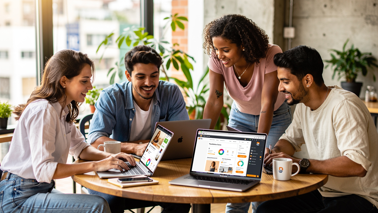 Equipe de e-commerce revisando consistência de marca em laptops em coworking iluminado