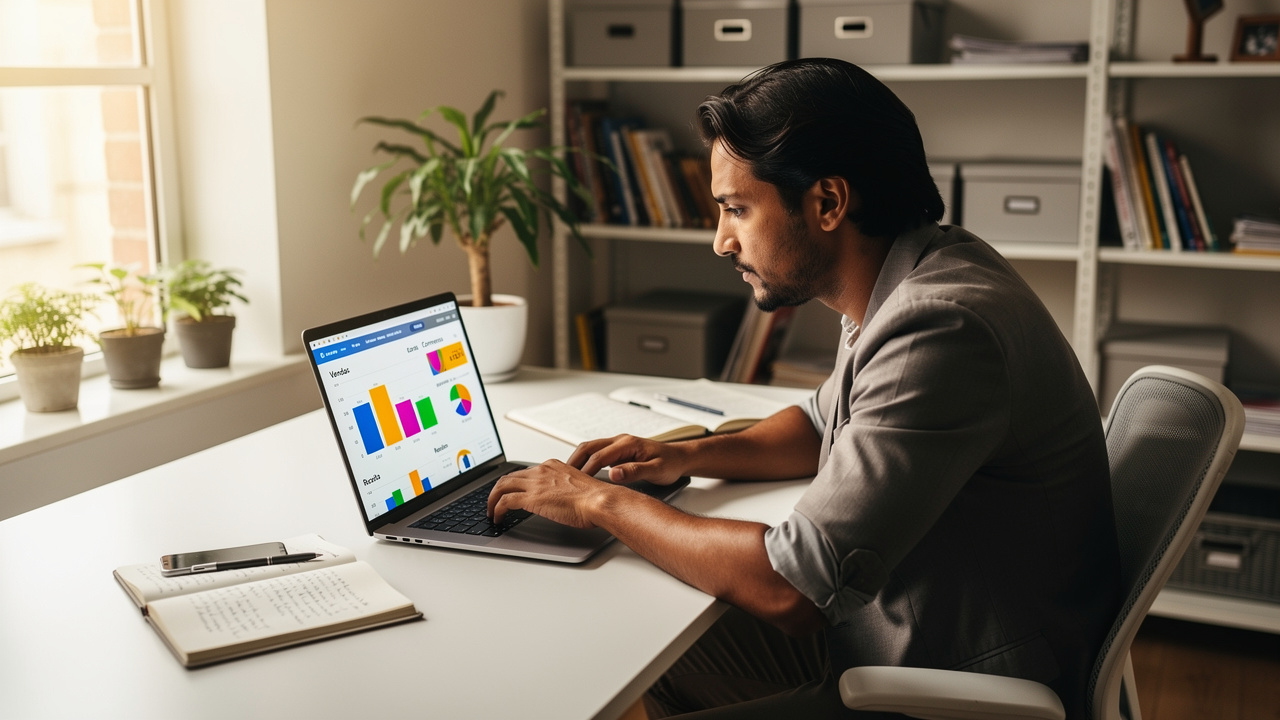 Empreendedor analisando gráficos de desempenho de loja online em home office organizado