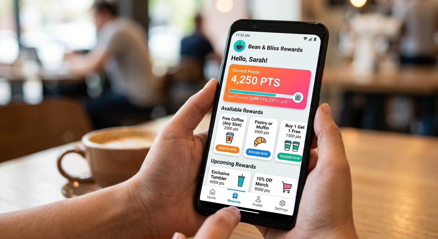 Tela de um smartphone exibindo a interface de um programa de fidelidade com pontos e recompensas para clientes