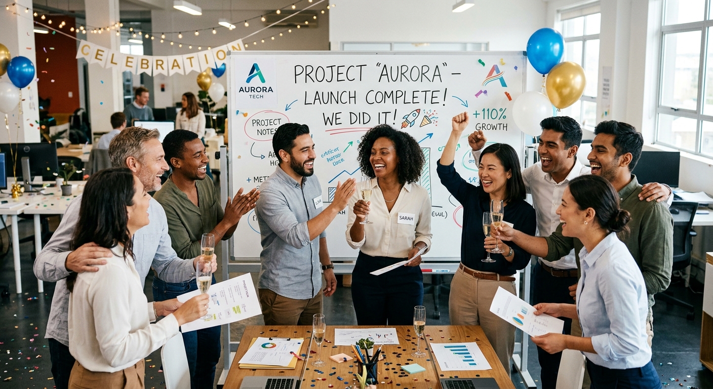 Uma equipe de marketing bem-sucedida celebrando a conclusão de um projeto
