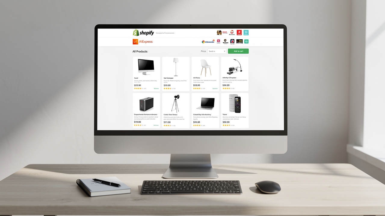Catálogo de produtos organizado em tela de computador com logos de marketplaces visíveis
