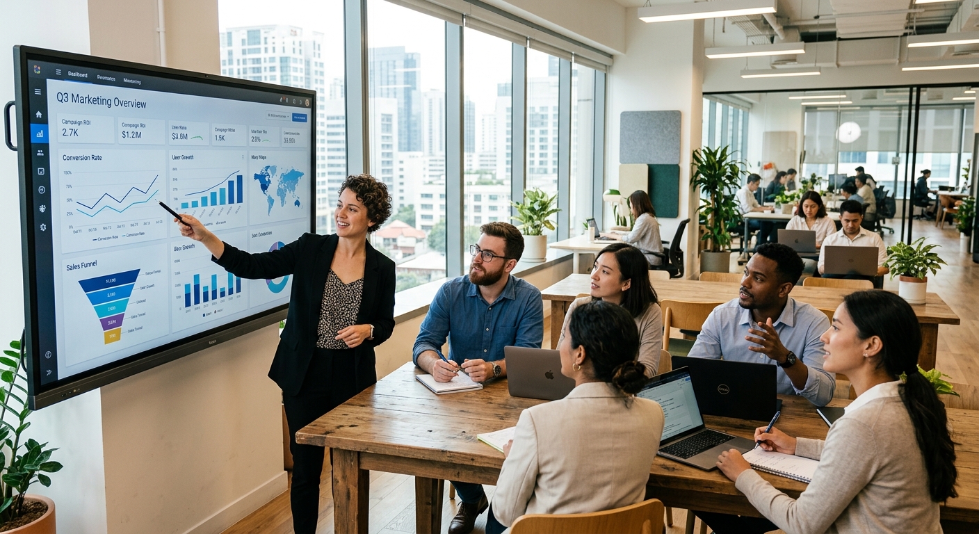Equipe de marketing analisando dashboards de dados em tela grande num escritório moderno