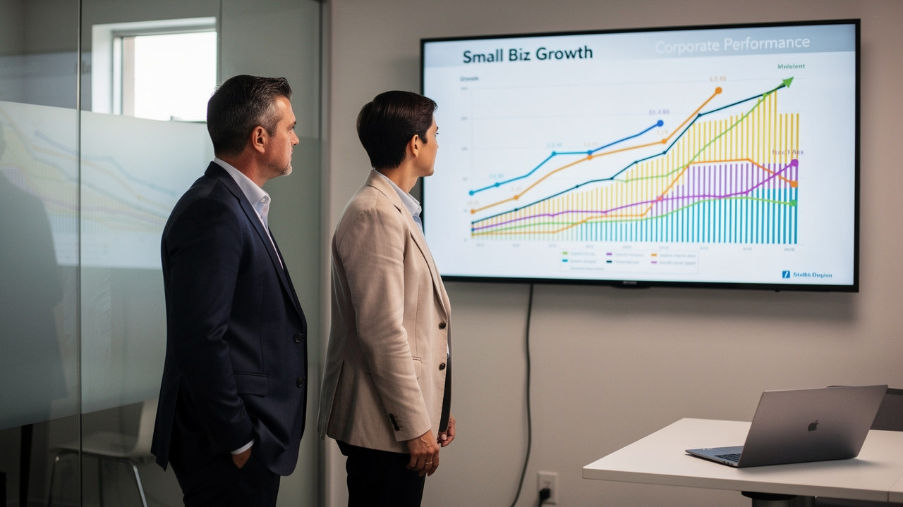 Dois profissionais comparando gráficos de crescimento em tela representando pequena empresa competindo com grande corporação