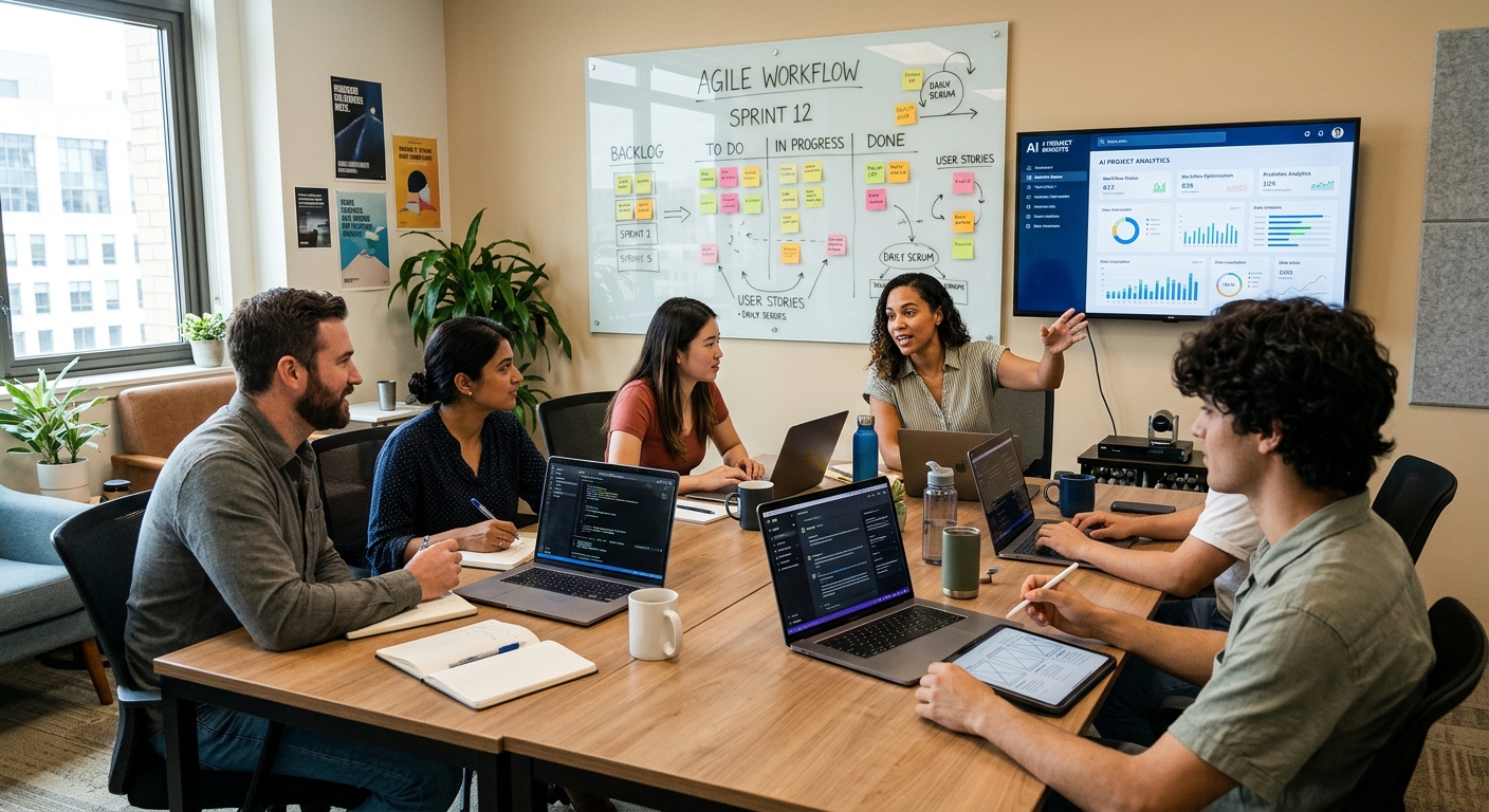 Equipe de agência colaborando com ferramentas de IA integradas no workflow de trabalho